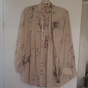 Chic Beige Floral Blouse with Button Accents